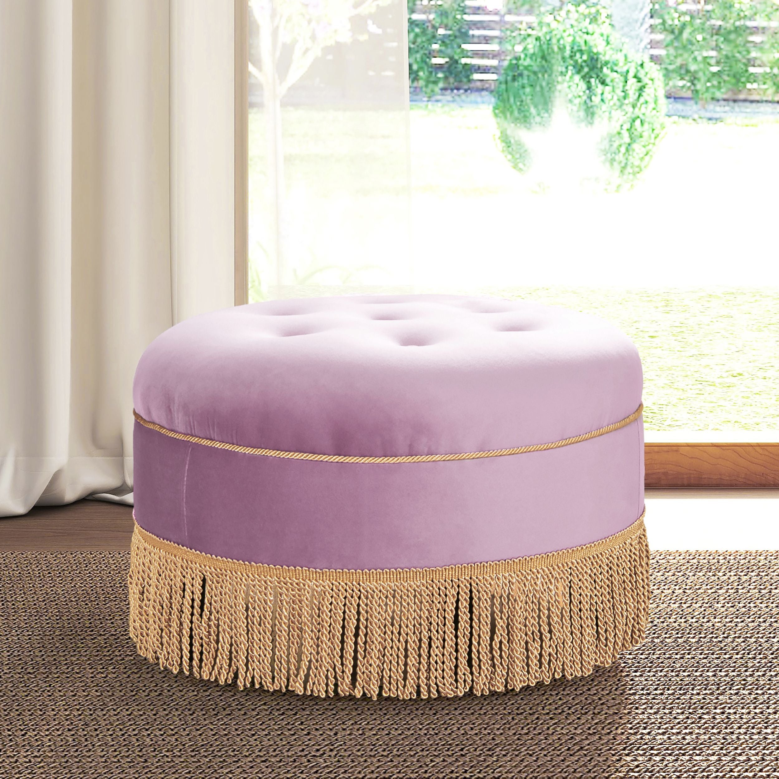 Yolanda 24 Round Upholstered Accent Ottoman, Lavender Velvet