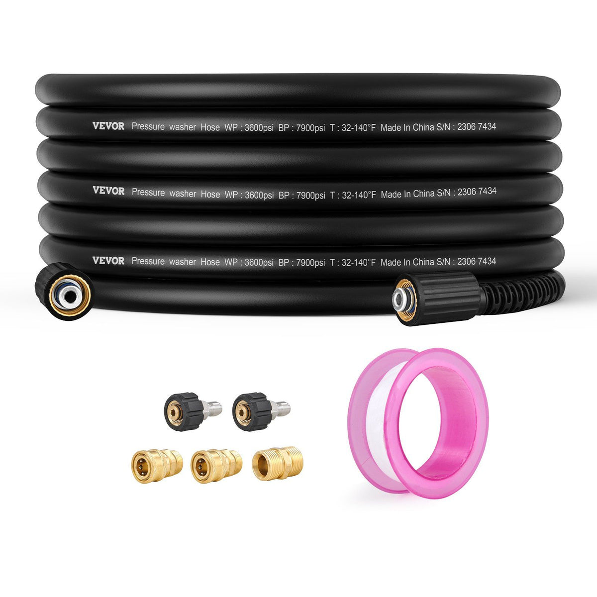 Vevor Pressure Washer Hose, 50 Ft, 1/4' Kink Free M22-14Mm Brass Thread Replacement For Most Brand Pressure Washers, 3/4' Bend
