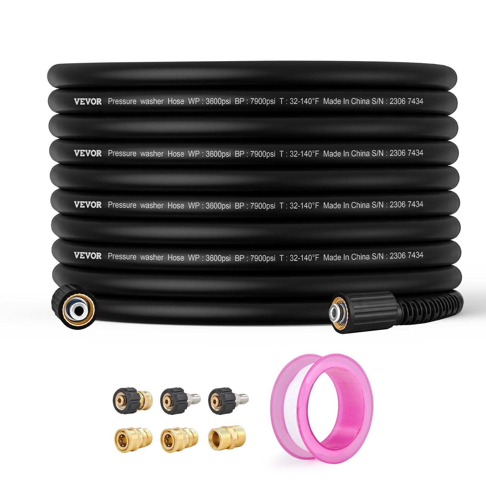 Vevor Pressure Washer Hose, 100Ft, 1/4' Kink Free M22-14Mm Brass Thread Replacement For Most Brand Pressure Washers, 3/4' Bend