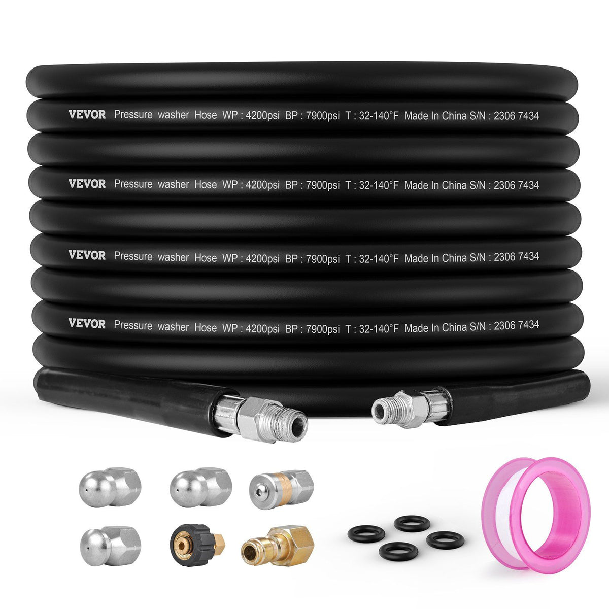 Vevor Pressure Washer Hose, 100Ft, 1/4' Kink Free Brass Thread Replacement For Most Brand Pressure Washers, 3/4' Bending Radiu