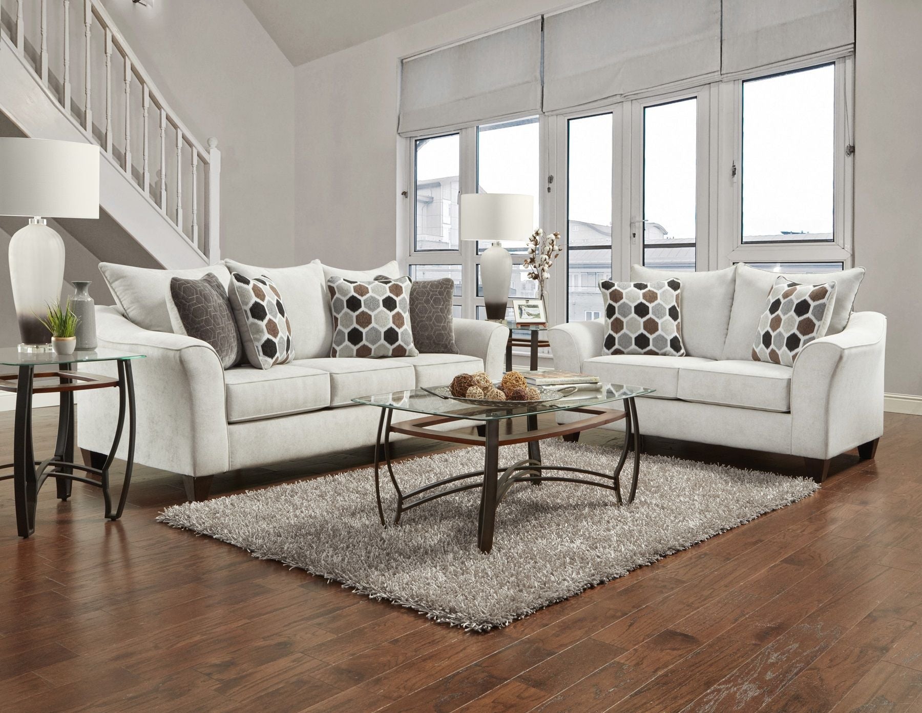 Camero Fabric Pillowback 2-Piece Living Room Set, Sofa and Loveseat, Silver