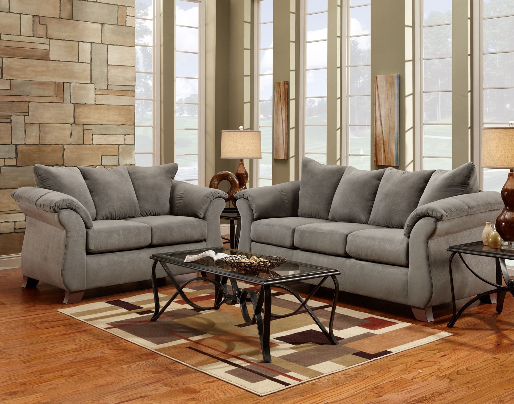 Aruca Microfiber Pillow Back 2-Piece Living Room Set, Sofa and Loveseat, Sensations Gray