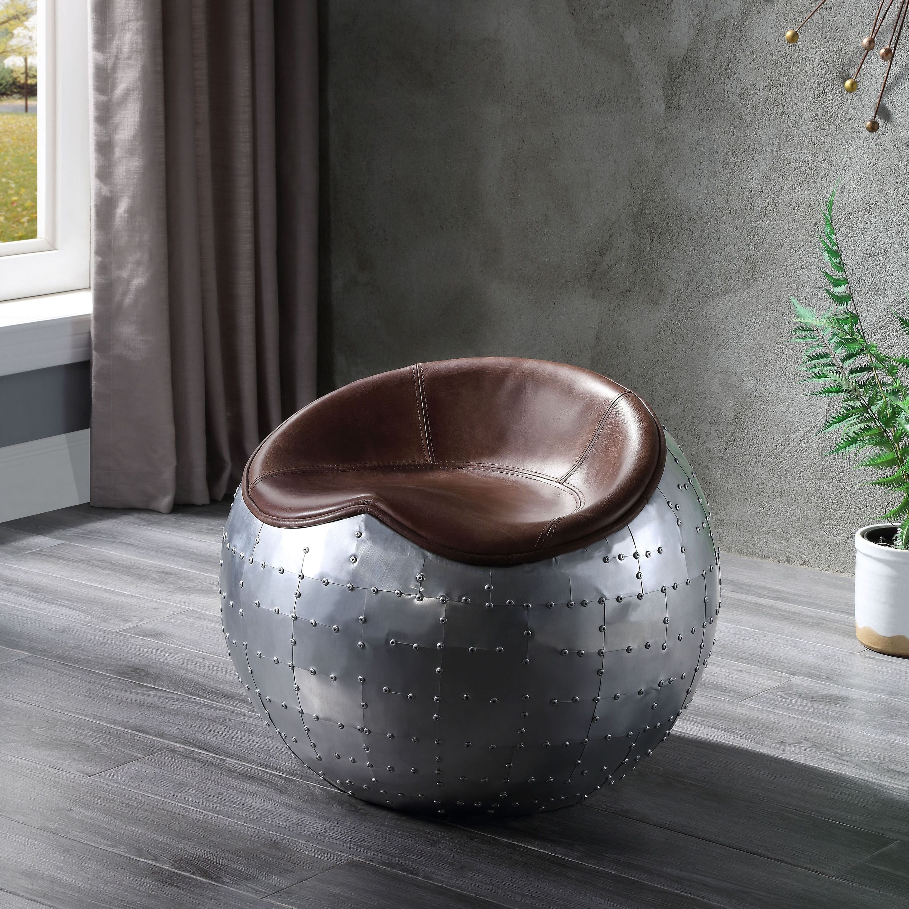 Retro Brown and Aluminum Ottoman with Saddle Seat