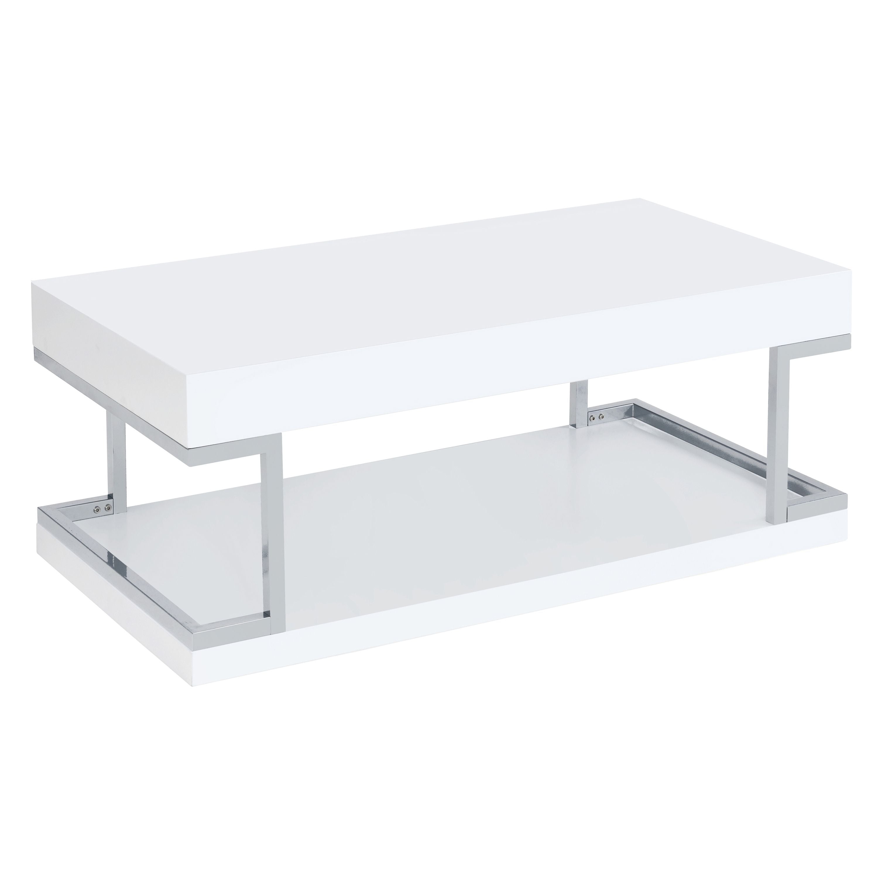 White High Gloss and Chrome Coffee Table with Bottom Shelf