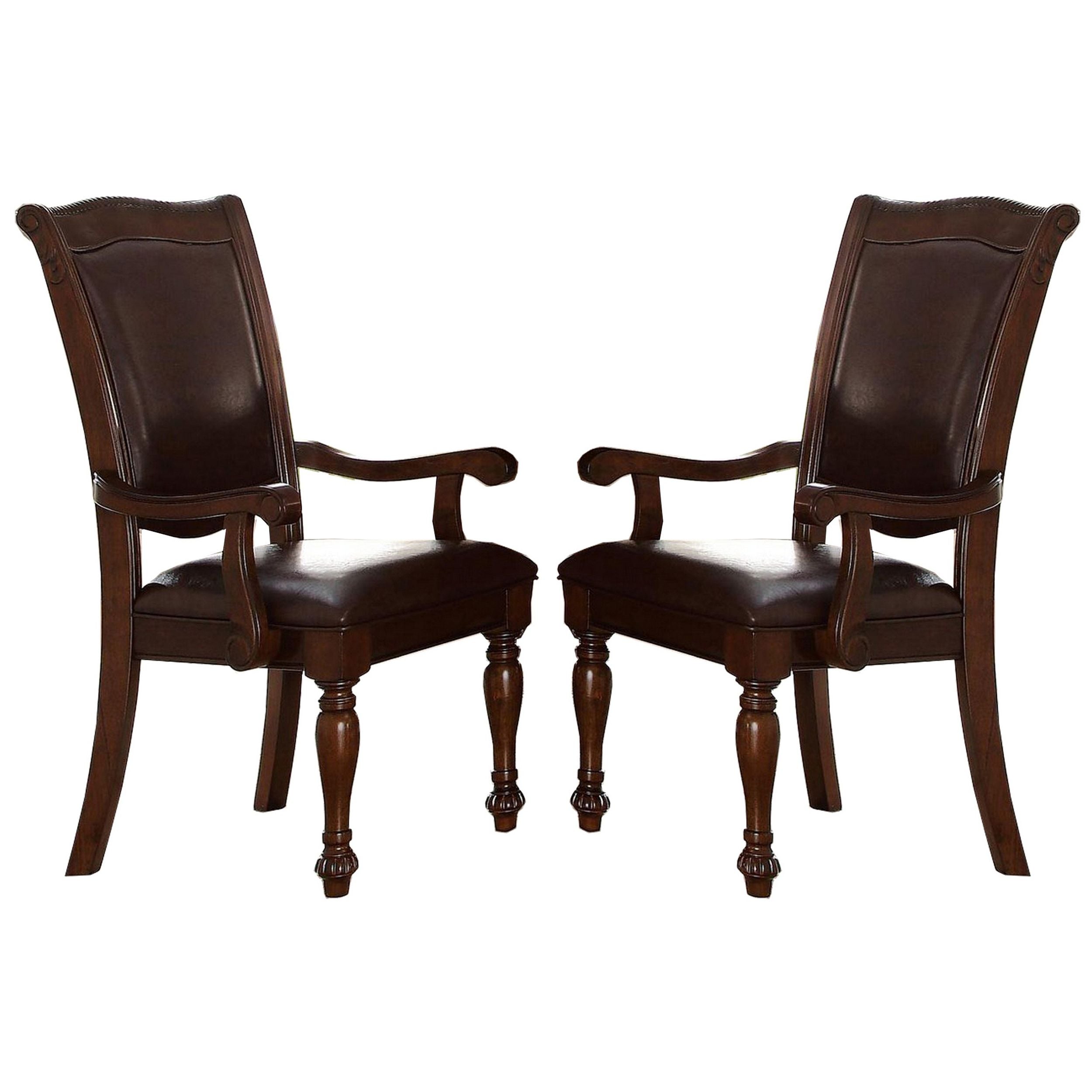 Traditional Style Wood & Leather Dining Side Arm Chair, Brown & Dark Brown, Set of 2
