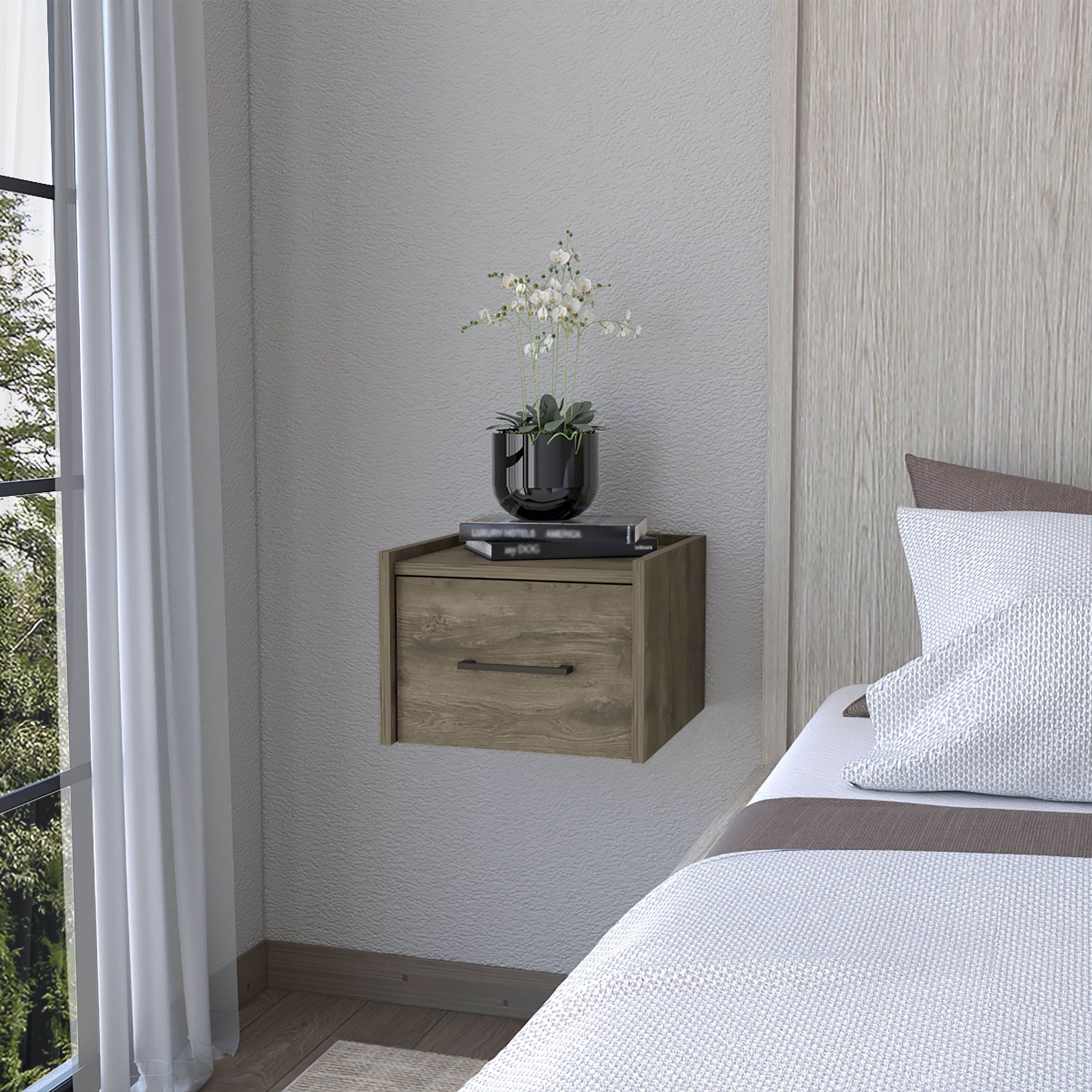 Elfrida Wall-Mounted Nightstand, Sleek Single-Drawer Design with Spacious Top Shelf