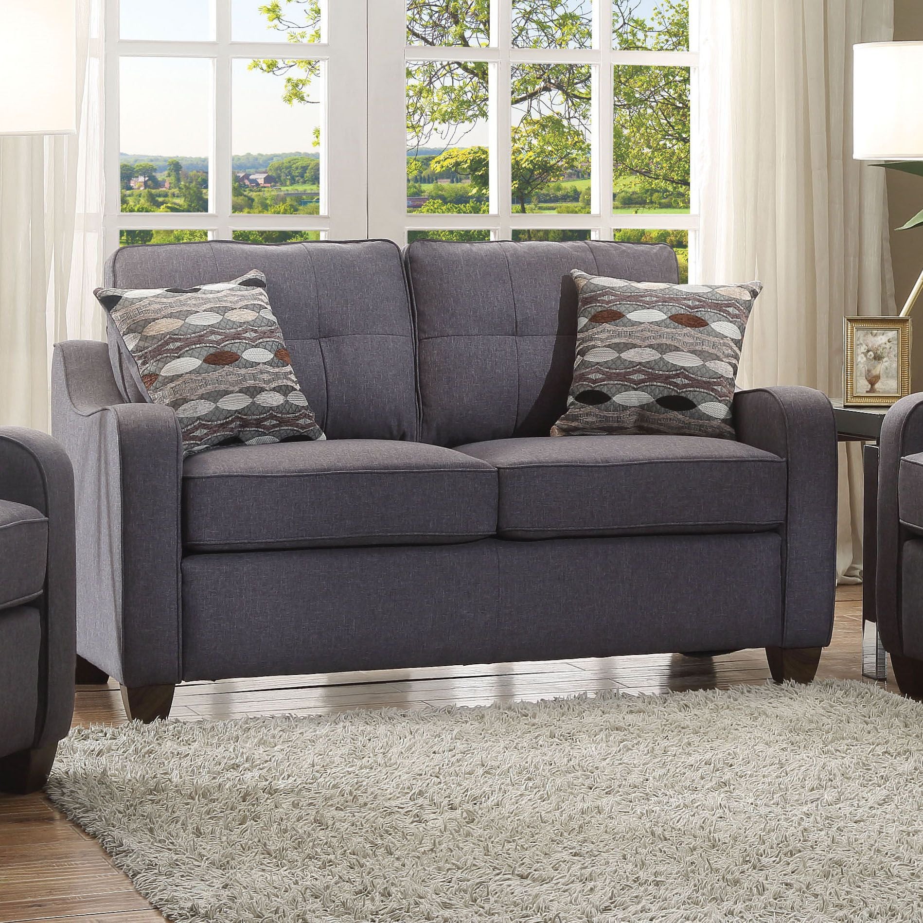 Grey Sloped Arms Loveseat with 2 Accent Pillows