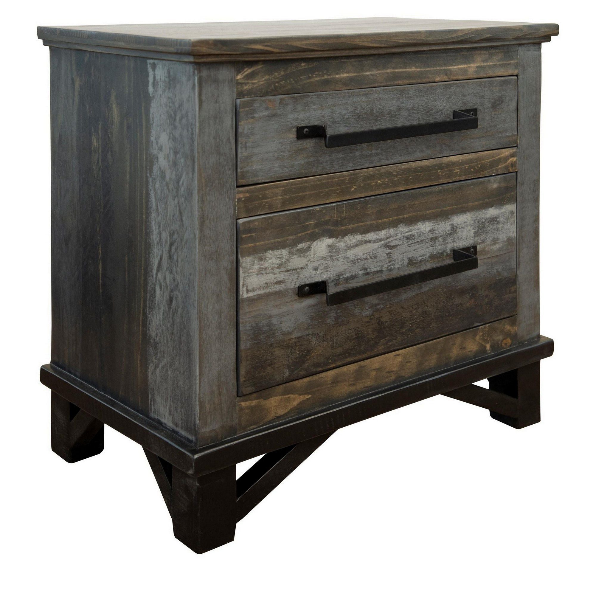Peya 28 Inch Rustic Nightstand, 2 Drawers, Distress Gray, Brown Pine Wood