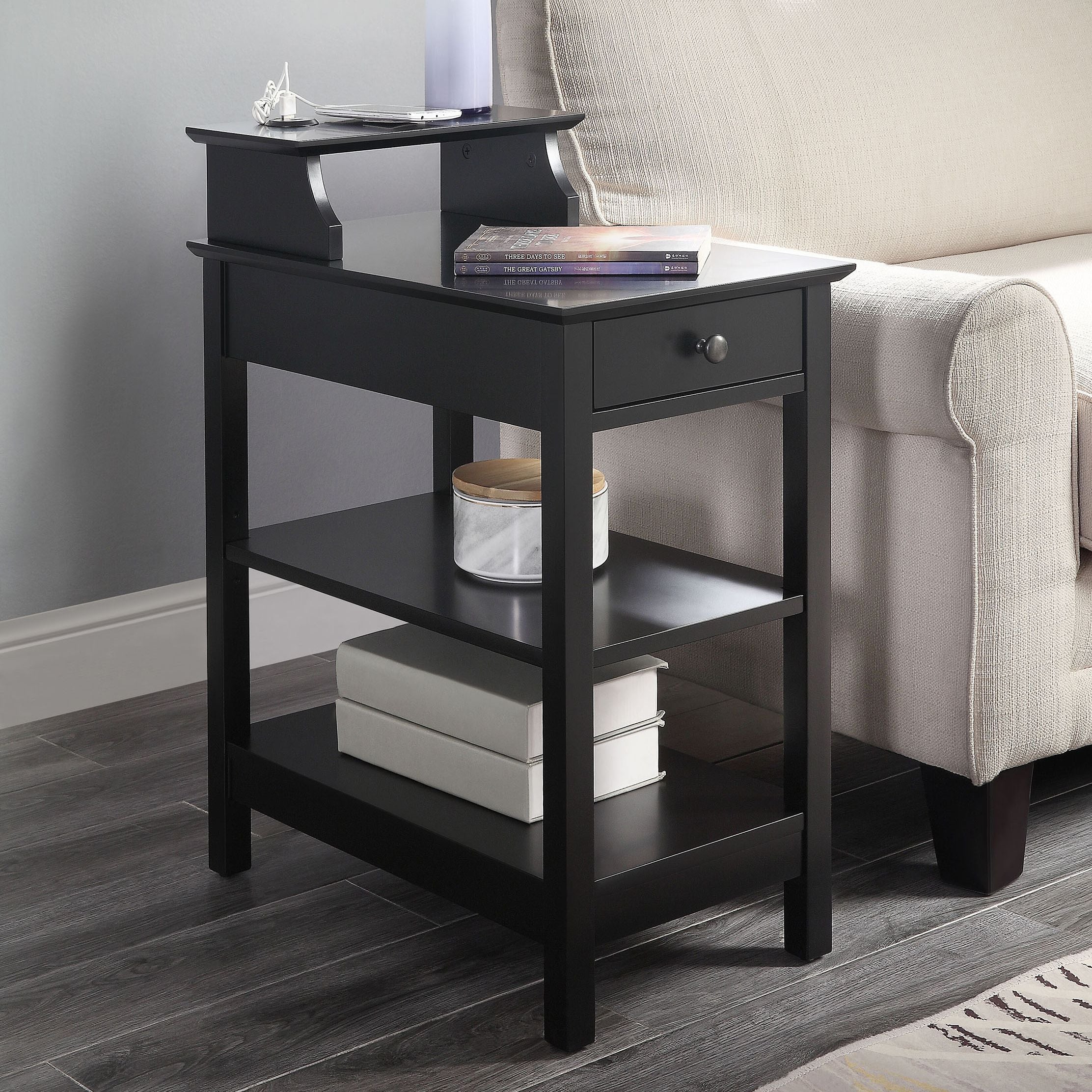 Black Storage Accent Table with USB