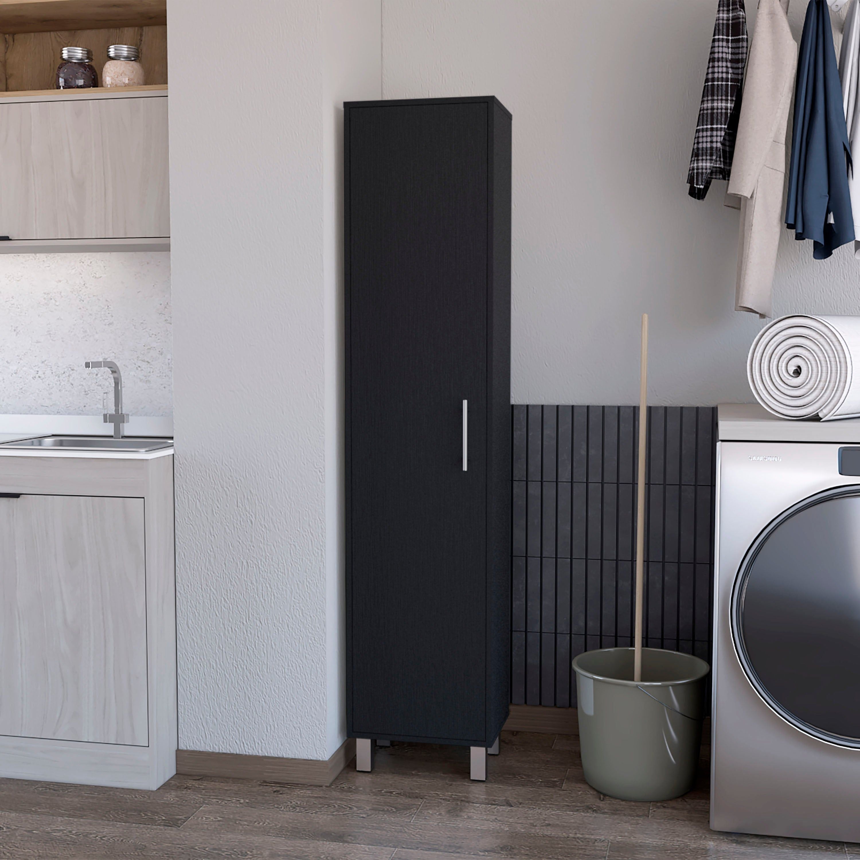 Black 1-Door Cabinet with 3 Broom Hangers