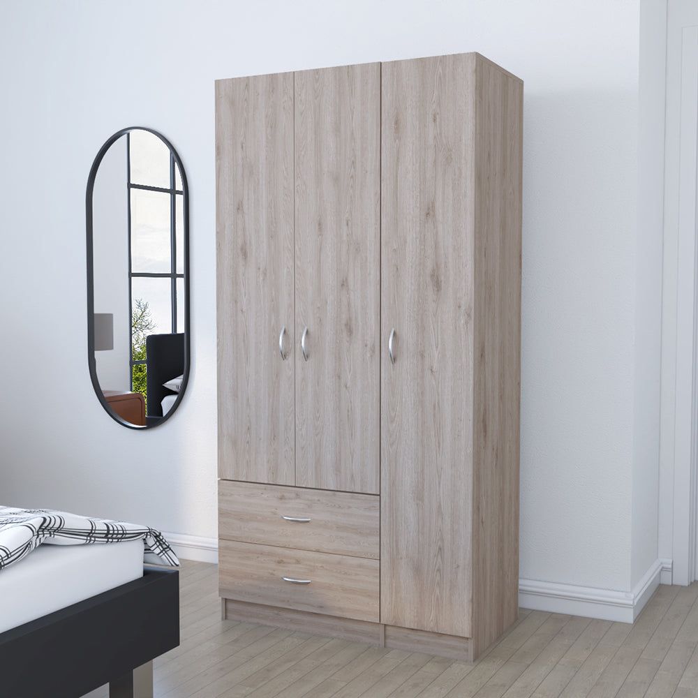 Three Door Armoire clark, Metal Rod, Light gray Finish(D0102HgE13V)