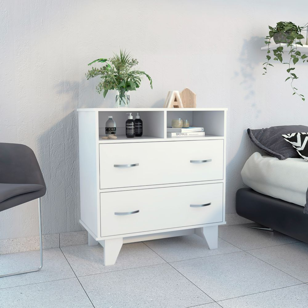 Double Drawer Dresser Arabi, Two Shelves, White Finish(D0102HgE1gV)