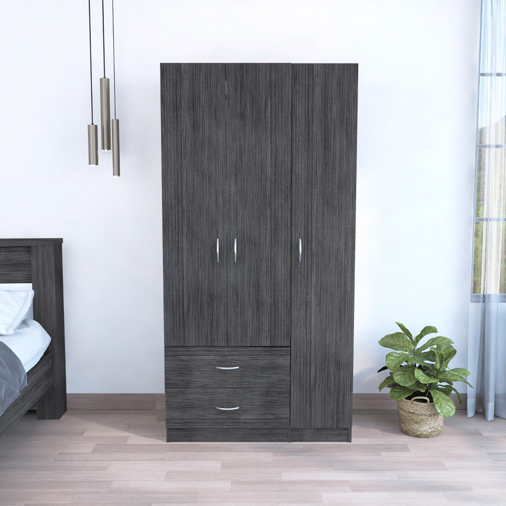 Three Door Armoire clark, Metal Rod, Smokey Oak  White Finish(D0102HgE1UA)