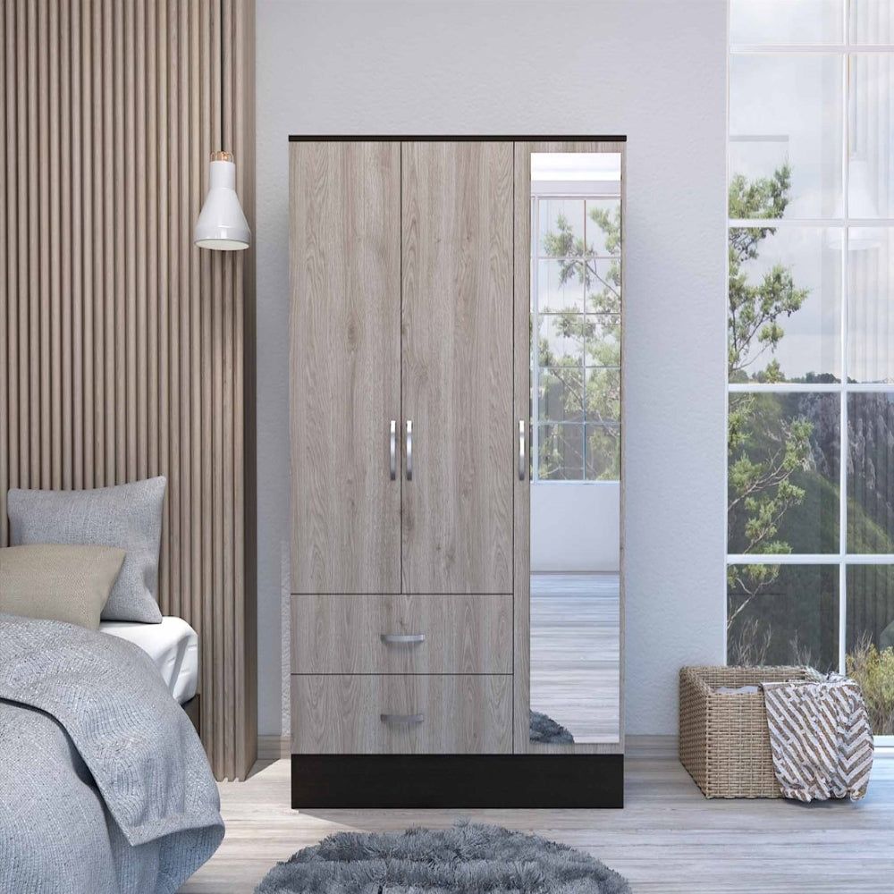 Mirrored Armoire Draggo, Double Door cabinet, Two Drawers , Rods, Black Wengue Light gray Finish(D0102HgE61g)