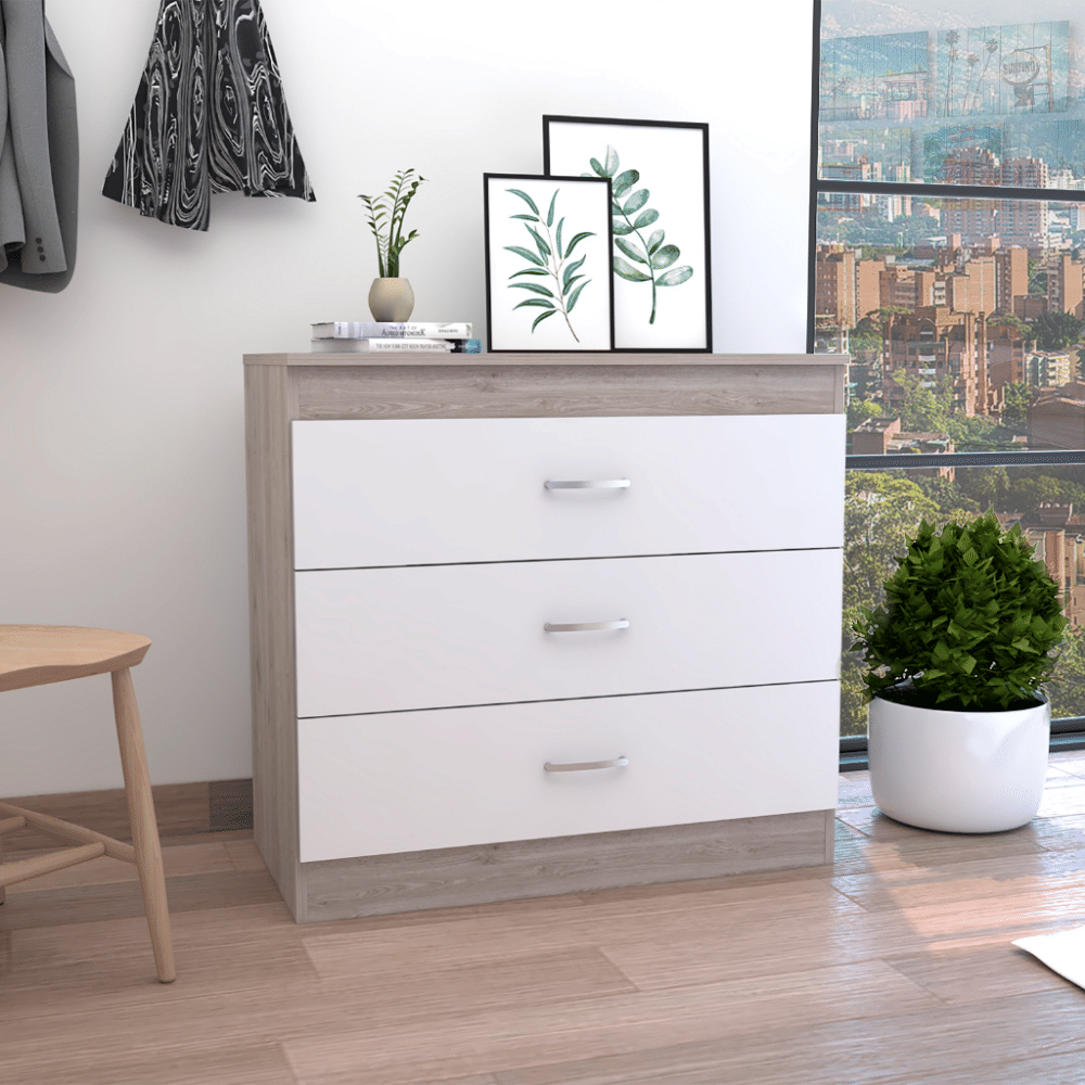 Three Drawer Dresser Lial, Superior Top, Metal Hardware, Light gray  White Finish(D0102HgE63U)