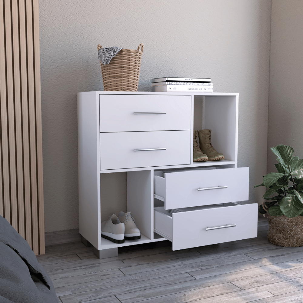 Dresser Hetzs, Four Drawers, Two Open Shelves, White Finish(D0102HgE6TV)