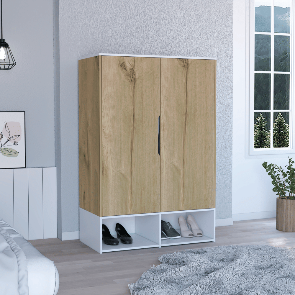 Armoire Barletta, Double Door, Hanging Rod, Light Oak  White Finish(D0102HgE6ZW)
