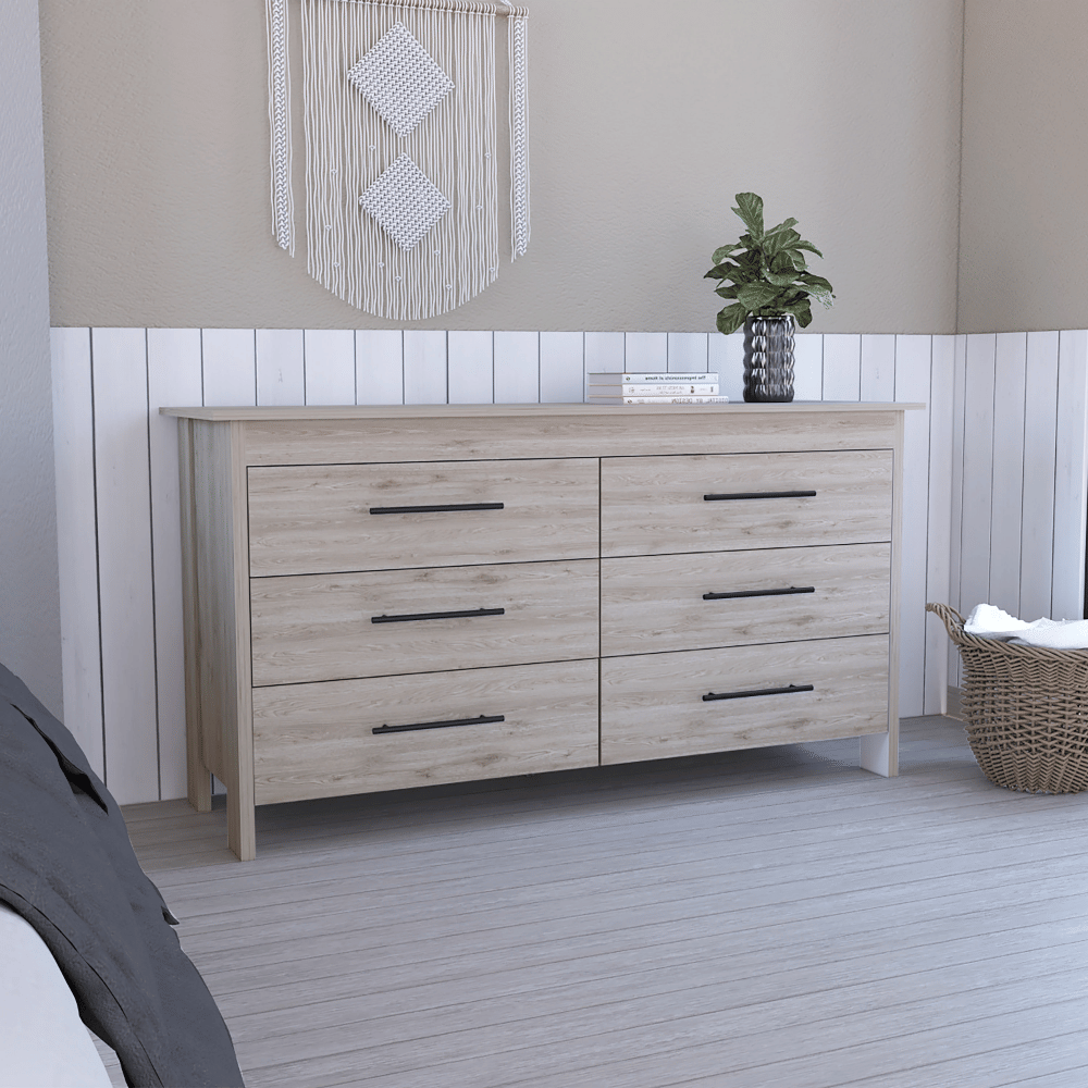 6 Drawer Double Dresser Wezz, Four Legs, Superior Top, Light gray Finish(D0102HgED6W)