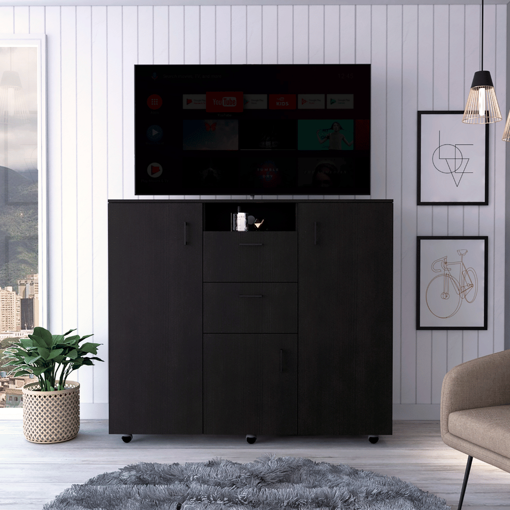 Double Door cabinet Dresser Quizz, Two Drawers, Single cabinet, Rod, Black Wengue Finish(D0102HgED8U)