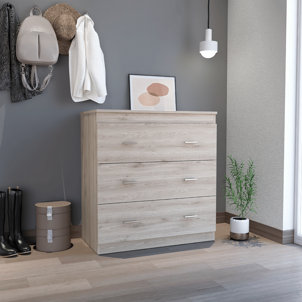 Three Drawer Dresser Whysk, Superior Top, Handles, Light gray  White Finish(D0102HgEDVW)