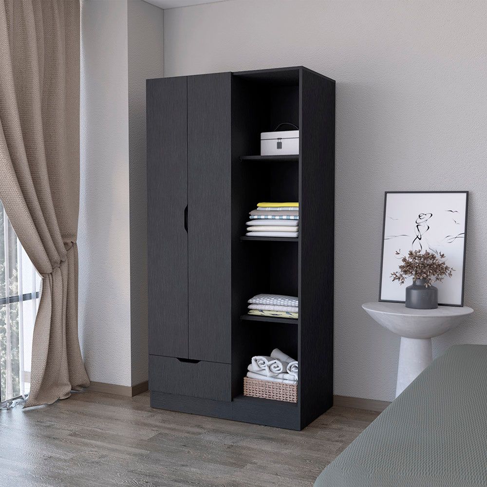 Armoire Dover, 4 Shelves, Drawer and Double Door, Black Wengue Finish(D0102HgEMDg)