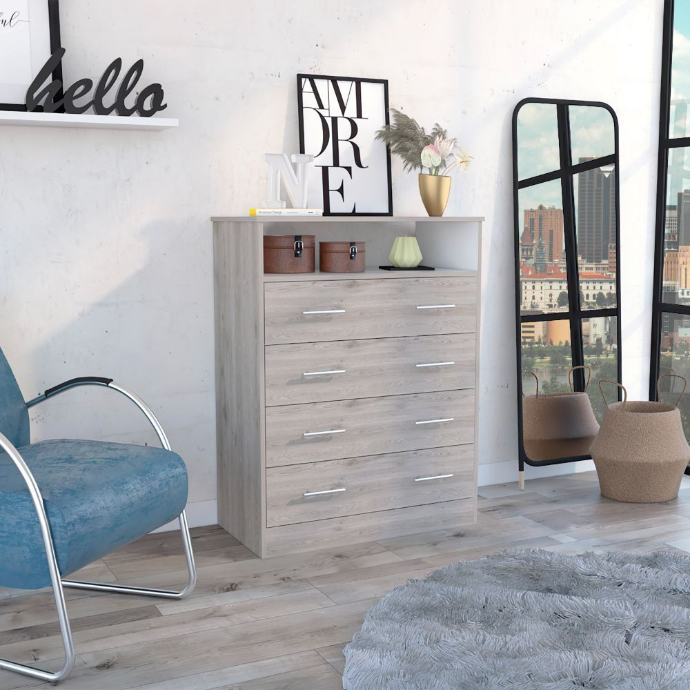 Four Drawer Dresser Wuju, One Shelf, Light gray  White Finish(D0102HgEMRV)