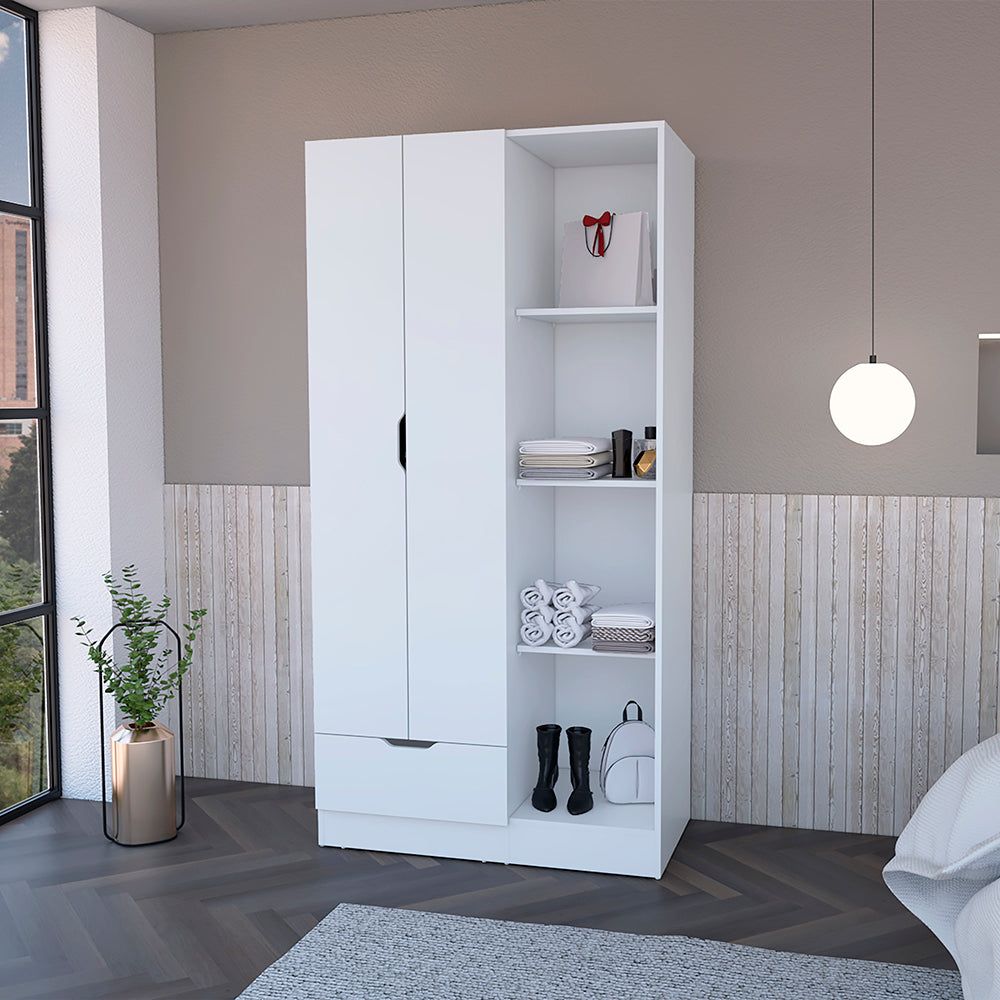 Armoire Dover with Four Storage Shelves, Drawer and Double Door, White Finish(D0102HgEMVU)
