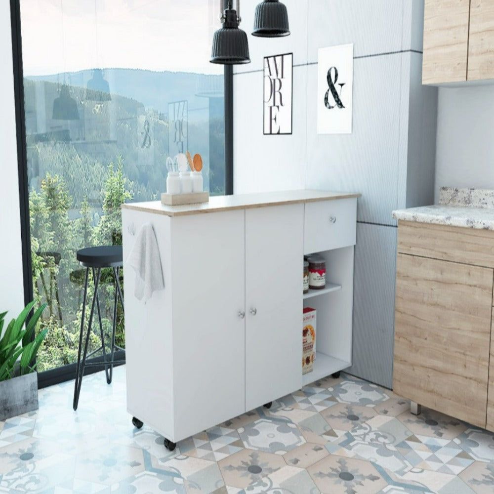 Kitchen Island cart Indiana, Four Interior Shelves, White  Light Oak Finish(D0102HgEY07)