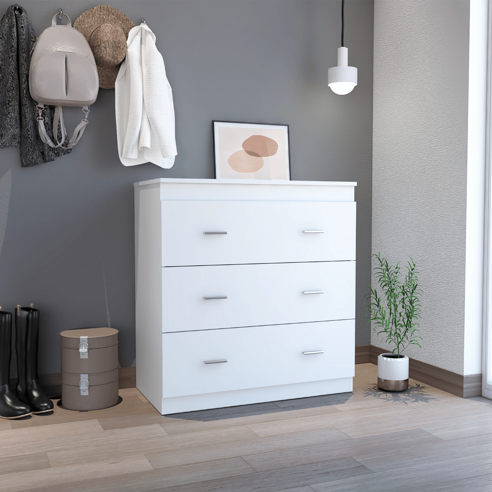 Three Drawer Dresser Whysk, Superior Top, Handles, White Finish(D0102HgEY7V)