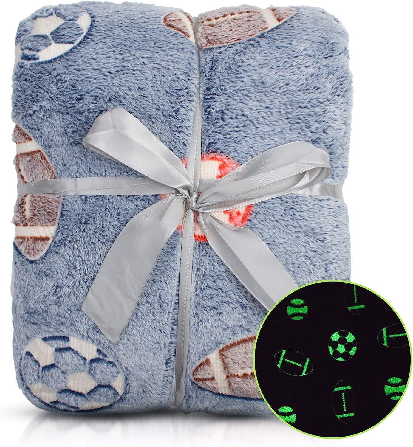 Purevacy Glow In The Dark Blankets For Boys 50 X 60 Inch Blue Football Kids Glow In The Dark Blanket 6 Hours Bright Glow 240 Gsm