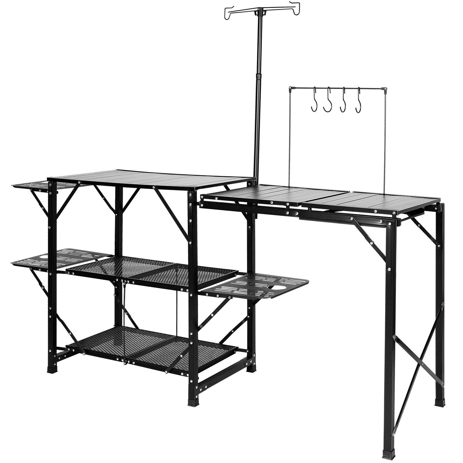VEVOR Camping Kitchen Table, One-piece Folding Portable Cook Station with A Carrying Bag, Long Aluminum Camping Table 3 Side Tab