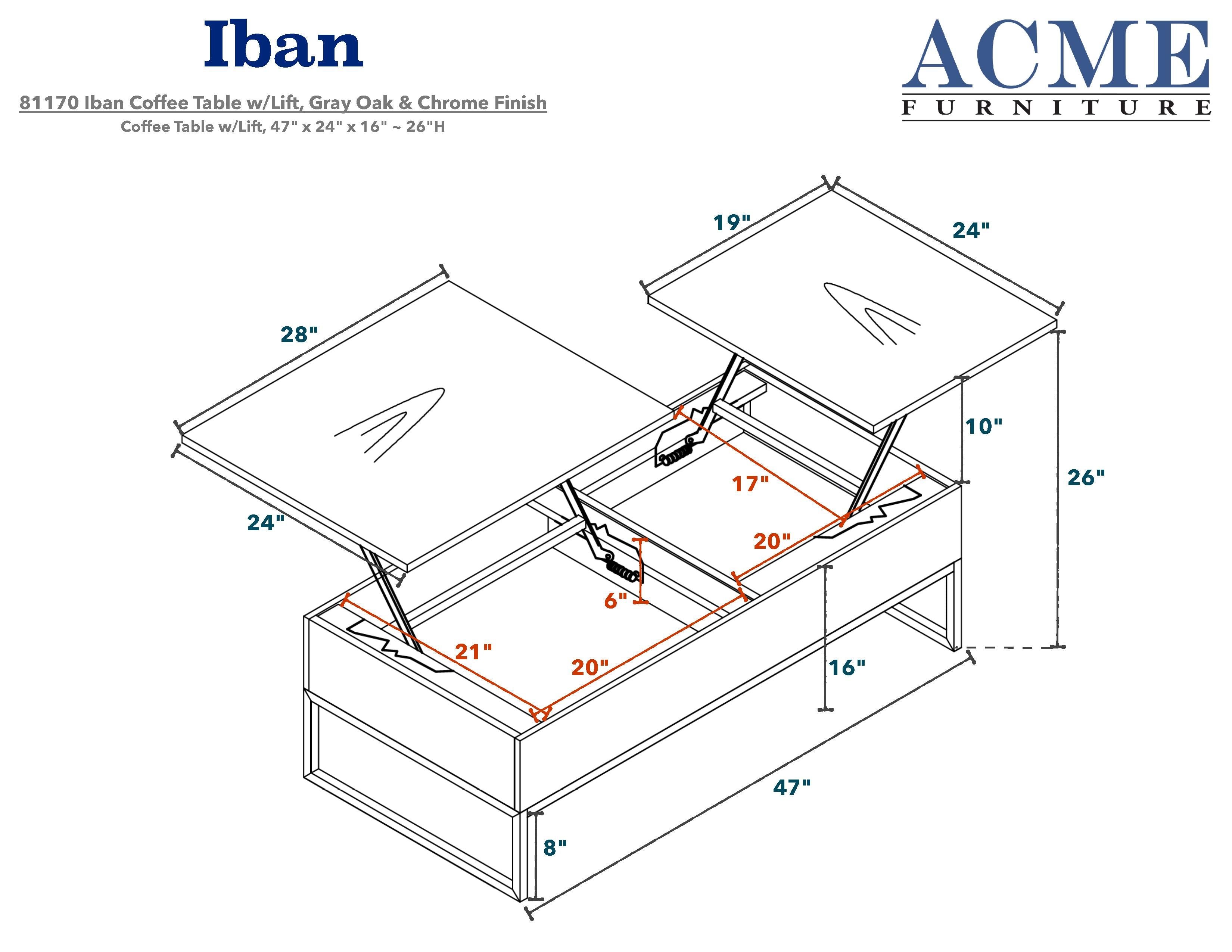 ACME Iban - Coffee Table w/Lift Top, Gray Oak & Chrome 81170