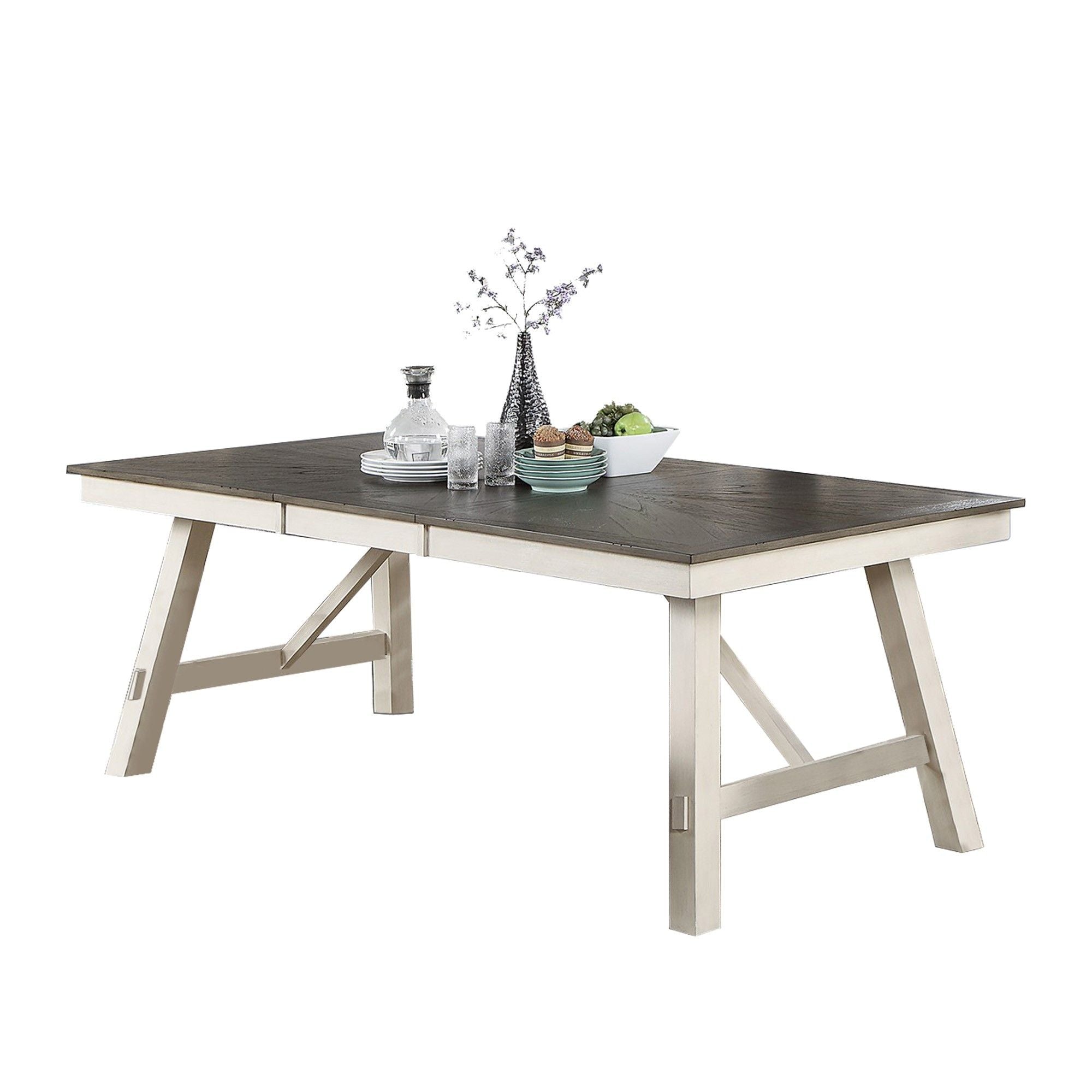 Lexi 78 Inch Classic Dining Table, Rubberwood, Extendable Leaf, Gray, White