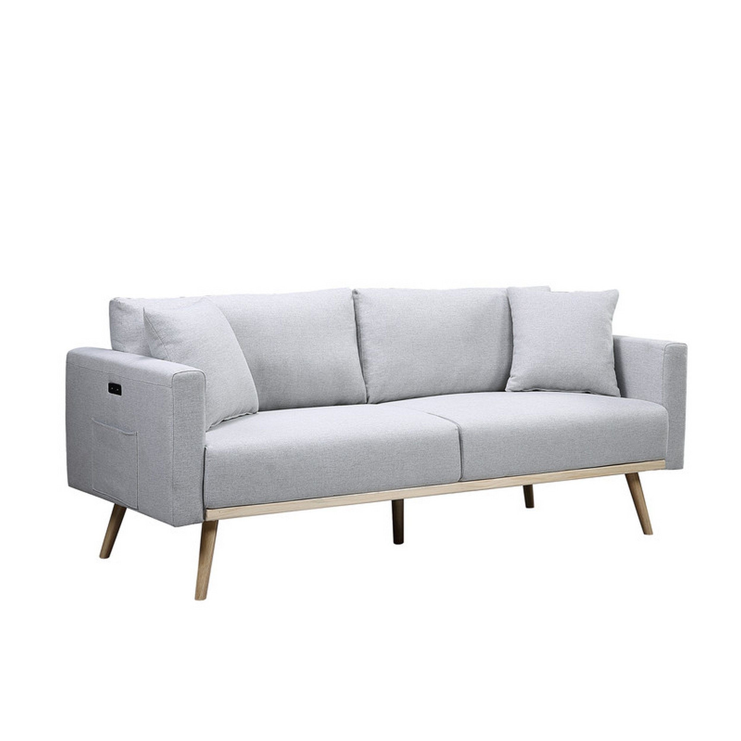 Mico 75 Inch Modern Sofa, USB Charging Ports and Side Pocket, Light Gray