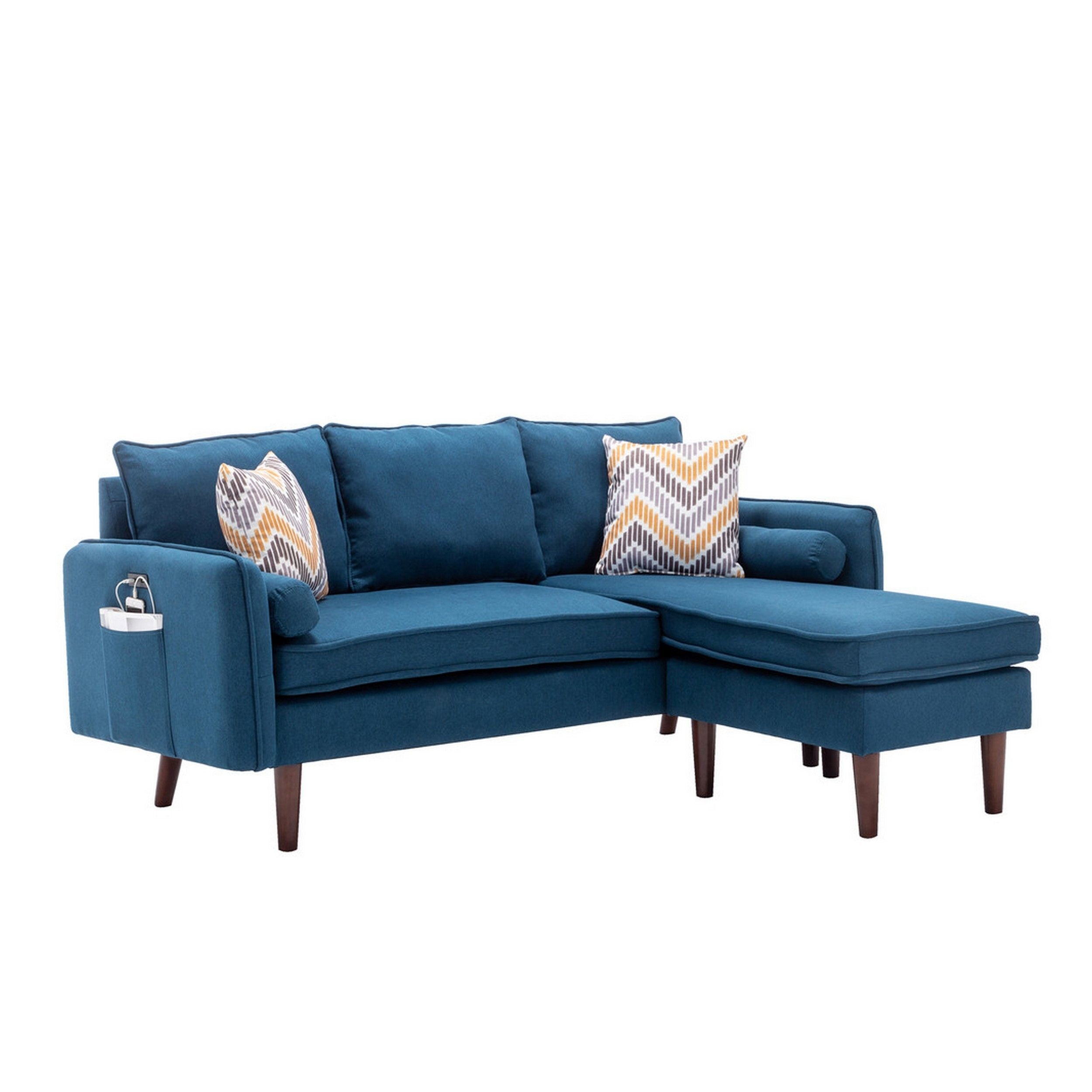 Ranon 70 Inch Sectional Chaise Sofa, Pillows, USB Ports, Side Pockets, Blue