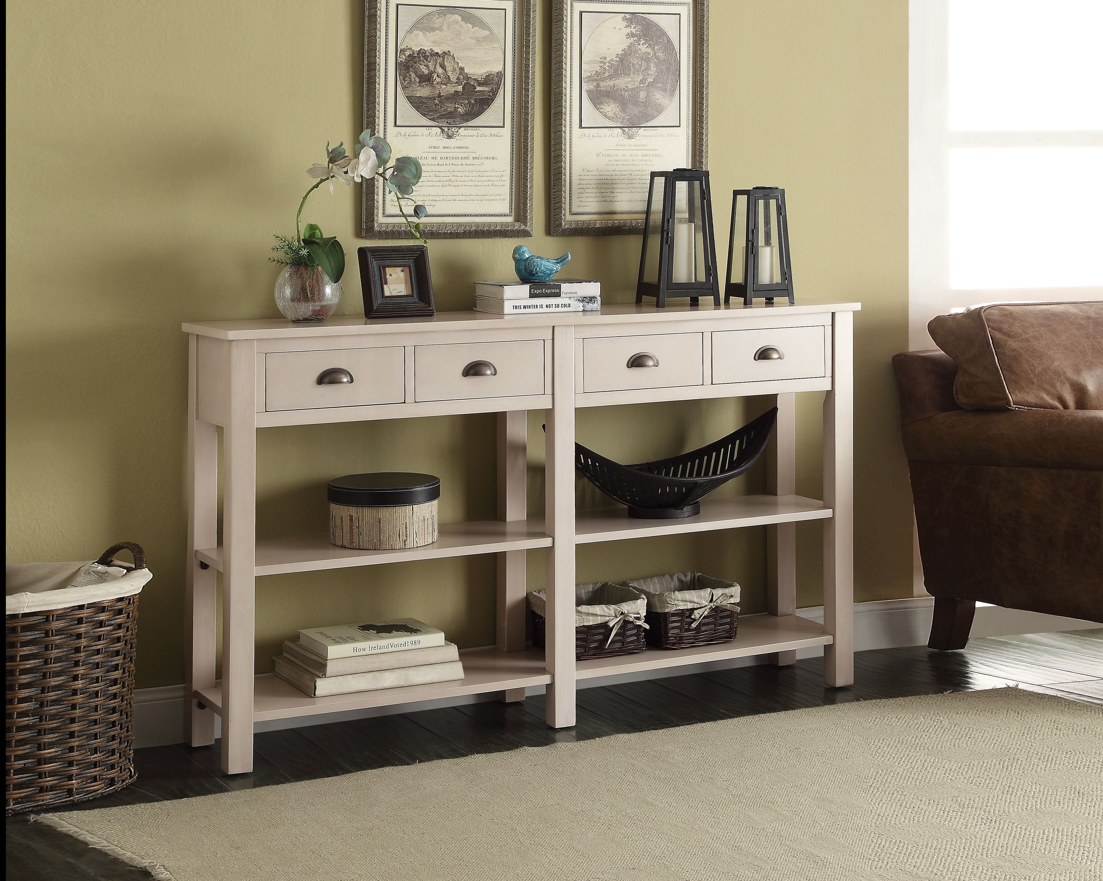 Cream 4-Drawer Console Table with 2 Shelf