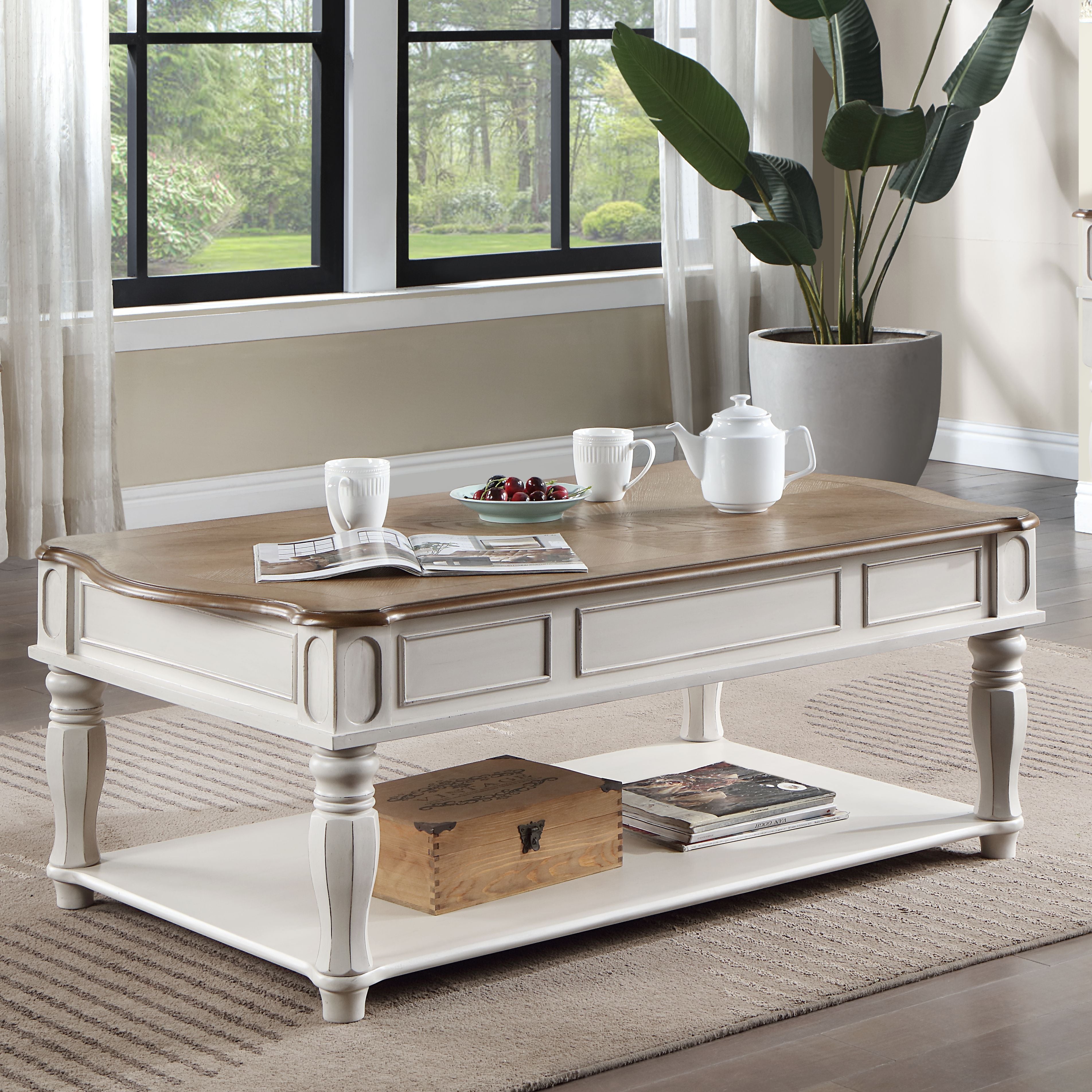 Oak and Antique White Coffee Table with Lift Top