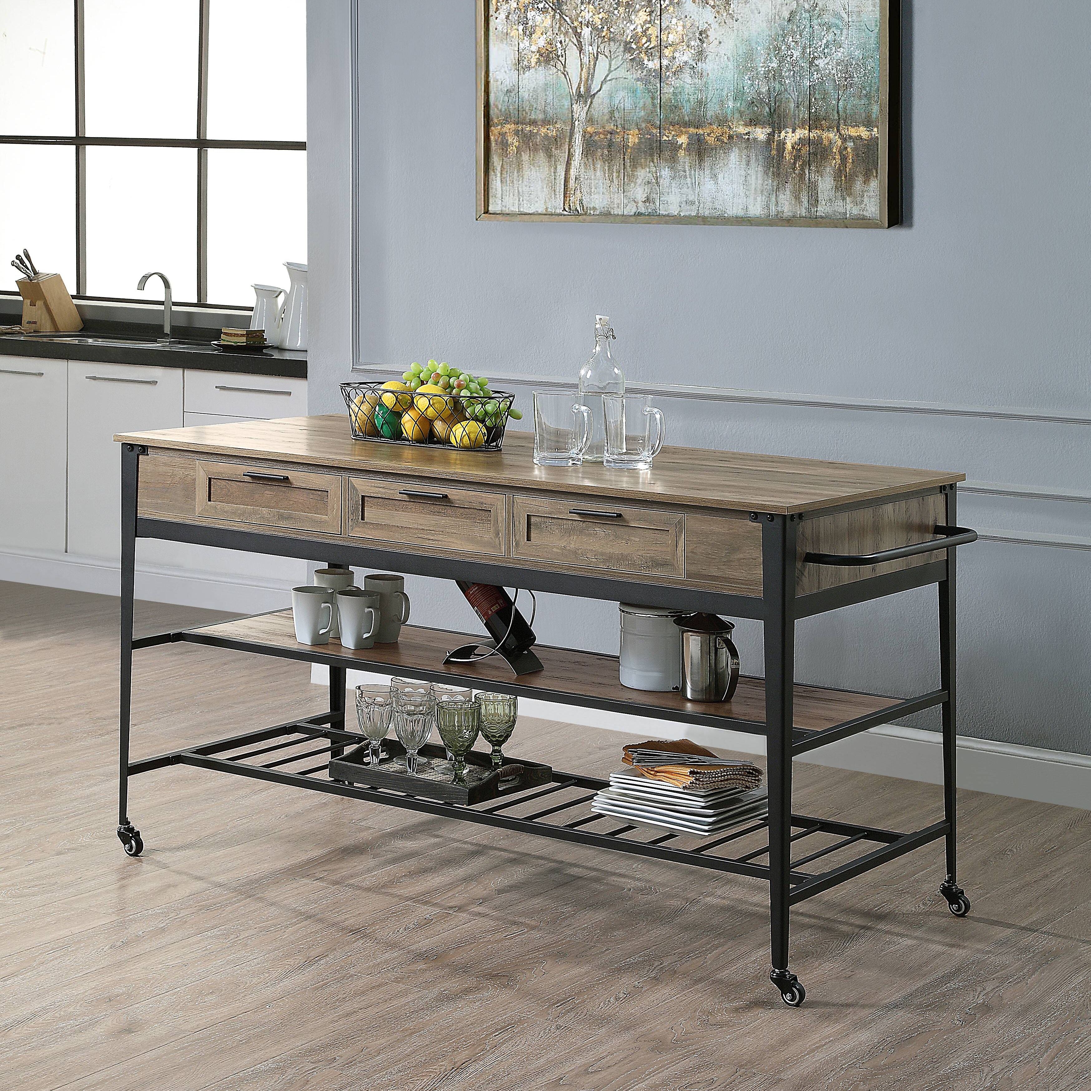 Rustic Oak and Black 3-Drawer Kitchen Island with 2 Shelf