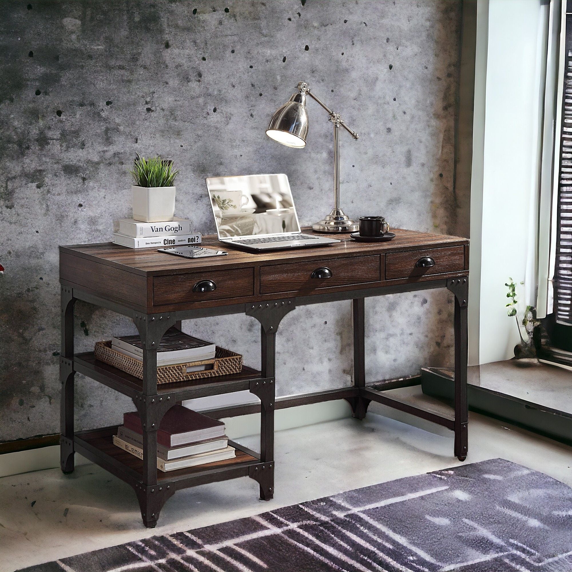 Espresso Oak and Antique Black 3-Drawer Writing Desk
