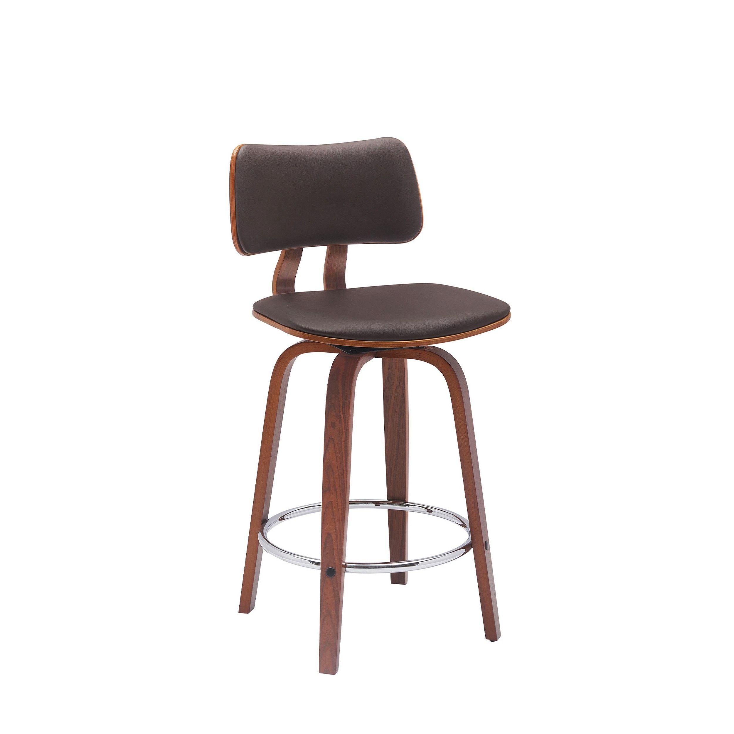 Pino 26 Inch Swivel Counter Stool Chair, Faux Leather, Walnut Brown Wood