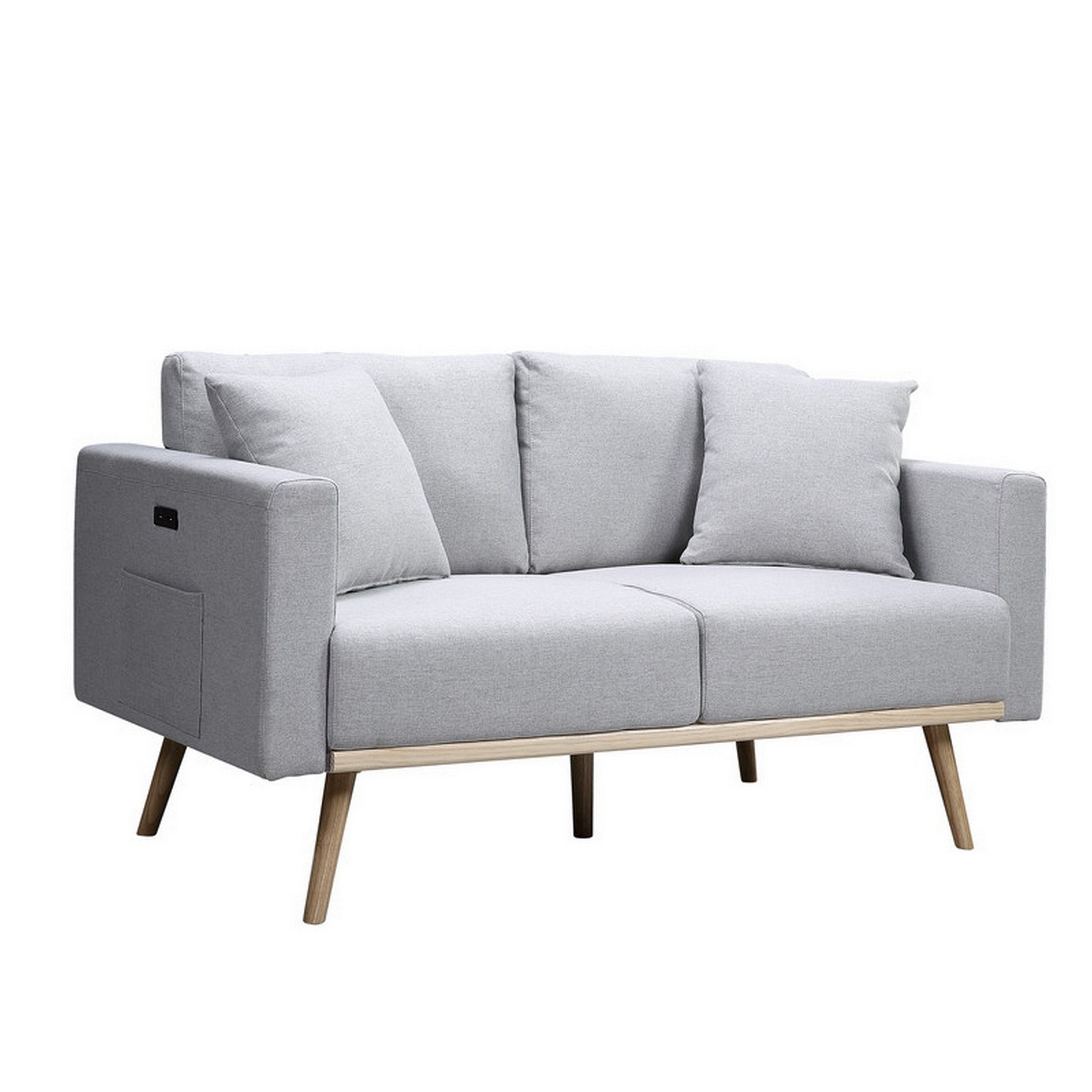 Mico 57 Inch Modern Loveseat, USB Ports and Side Pocket, Light Gray Fabric