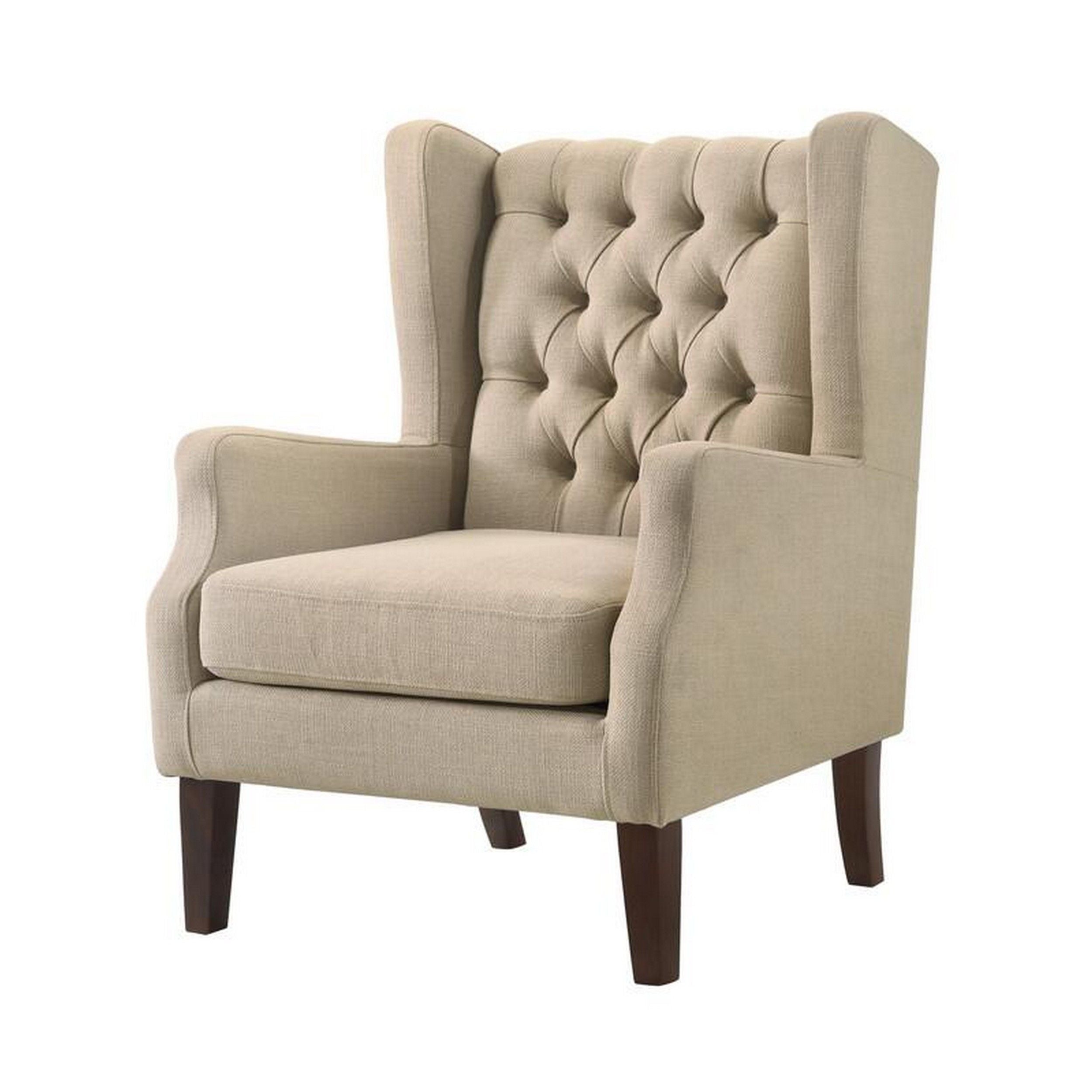 Keva 31 Inch Accent Chair, Deep Button Tufted Wingback, Soft Beige Fabric
