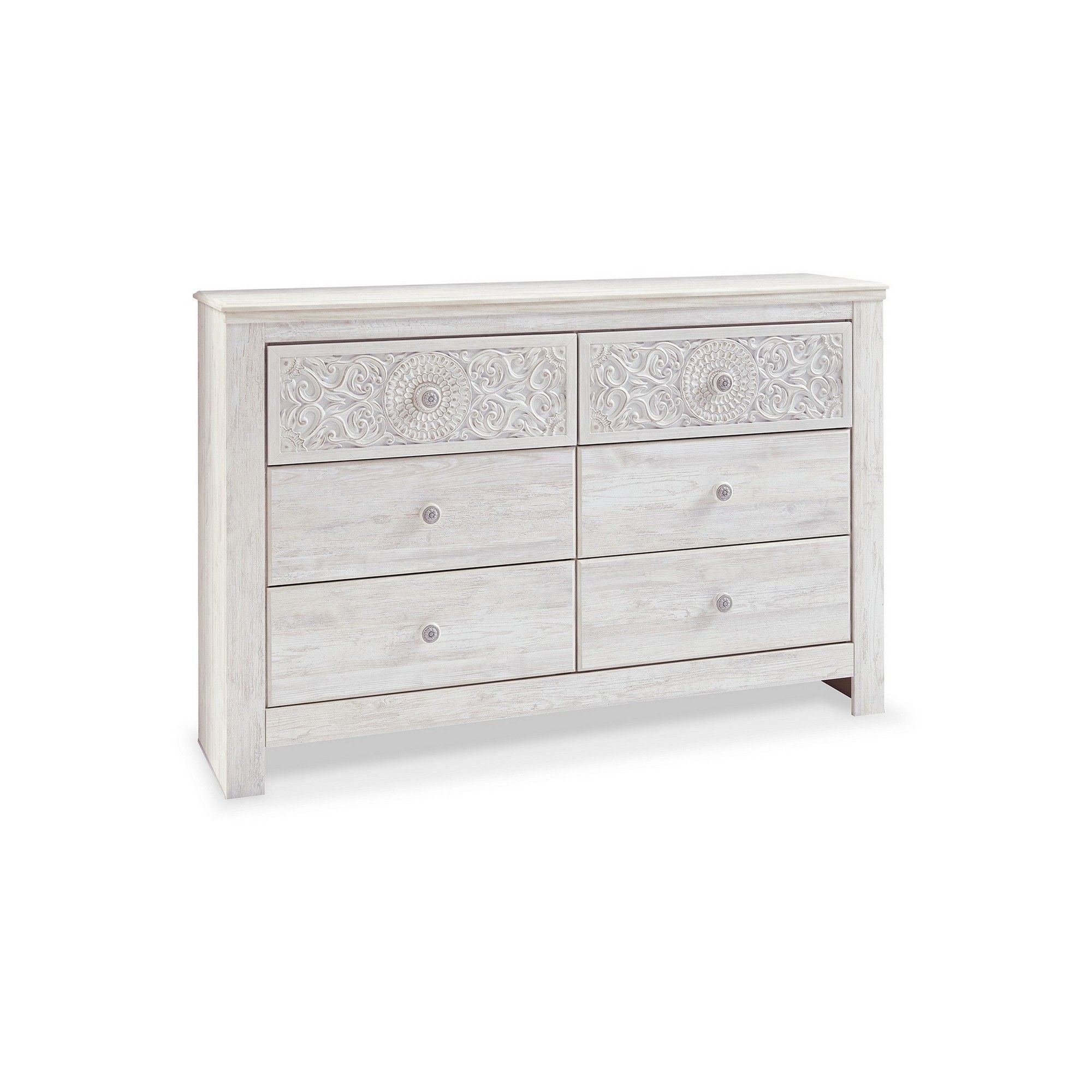 61 Inch Modern Wide Dresser, Whitewashed Wood, 6 Drawers, Medallion Details