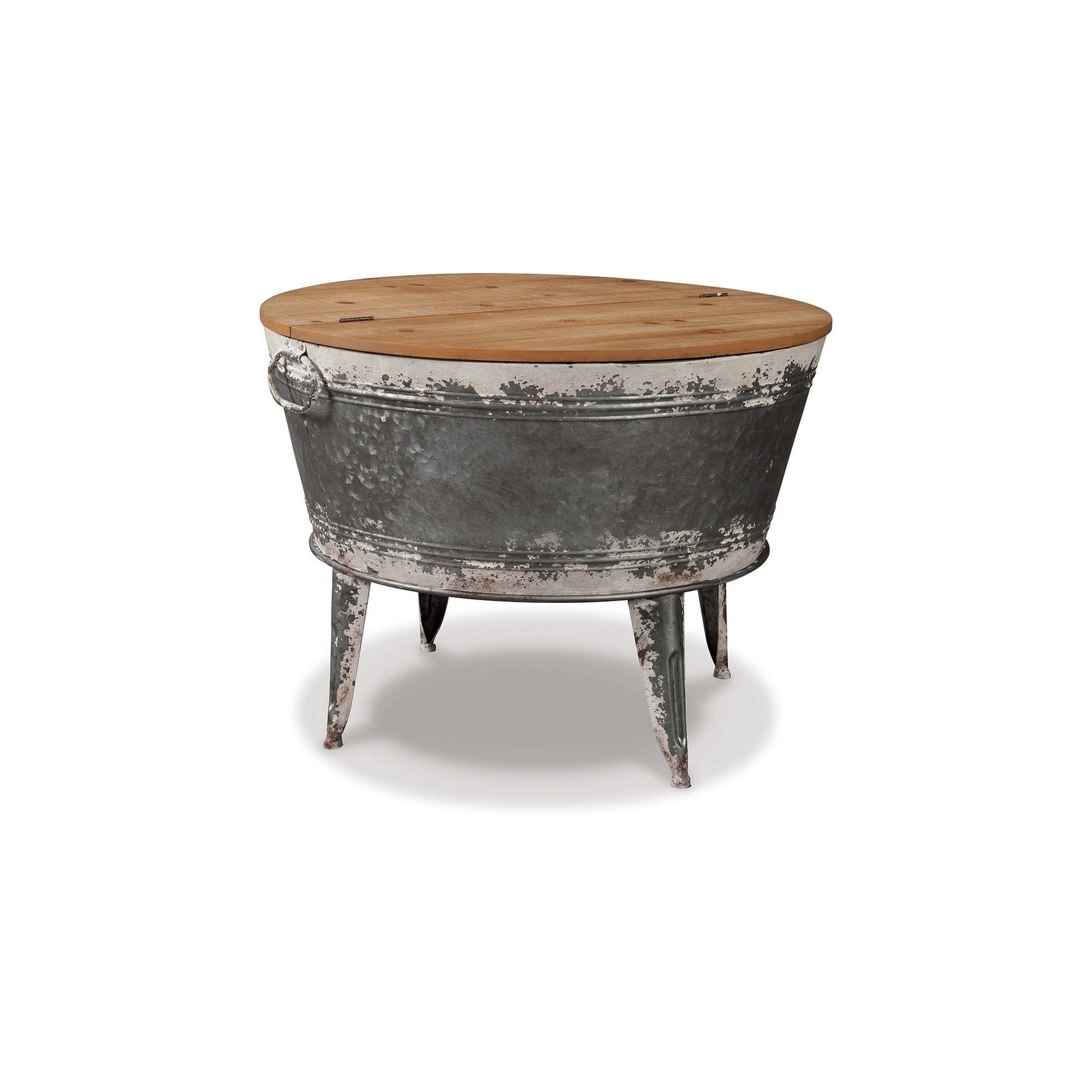 26 Inch Two Tone Storage Coffee Table, Brown Split Top, Strong Metal Base