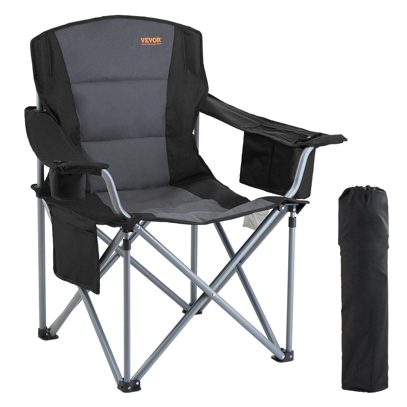 VEVOR Camping Folding Chair for Adults, Portable Heavy Duty Outdoor Quad Lumbar Back Padded Arm Chairs with Side Pockets, Cup Ho