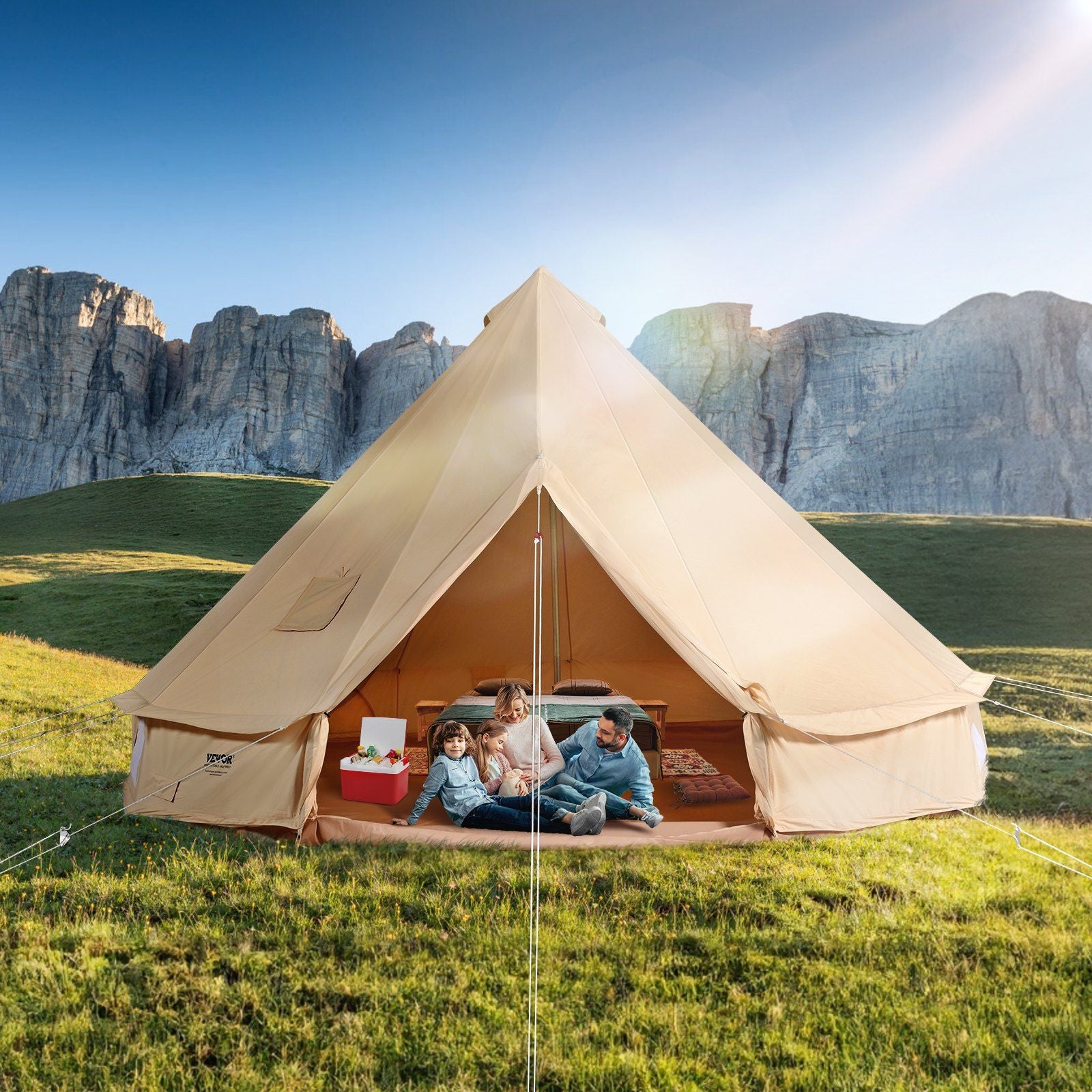VEVOR 5-8 Person Canvas Glamping Bell Tent, Breathable Waterproof Yurt Tent with Stove Jack and Detachable Side Wall for Family 
