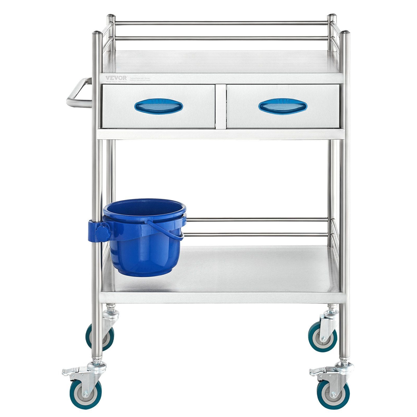 VEVOR Lab Serving Cart, 2 Layers Stainless Steel Utility Rolling Cart, Medical Cart with Two Drawers, Dental Utility Cart with L
