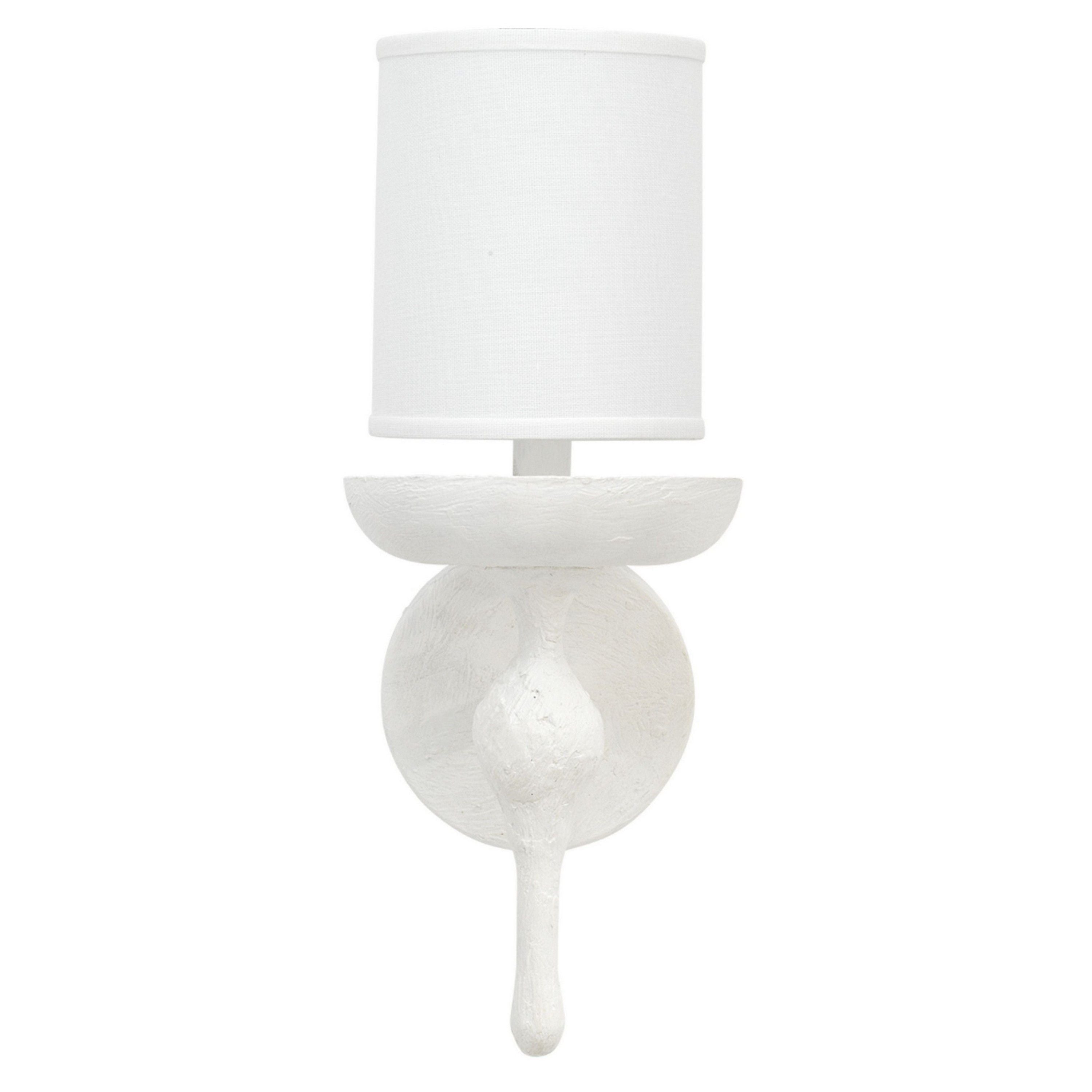 Zoe 12 Inch Wall Sconce, Plaster Candelabra Design Base, Linen Shade, White