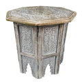 DunaWest Farmhouse Wooden Side Table with Engraved Design and Octagonal Top, Antique Brown(D0102HPDW8G.)