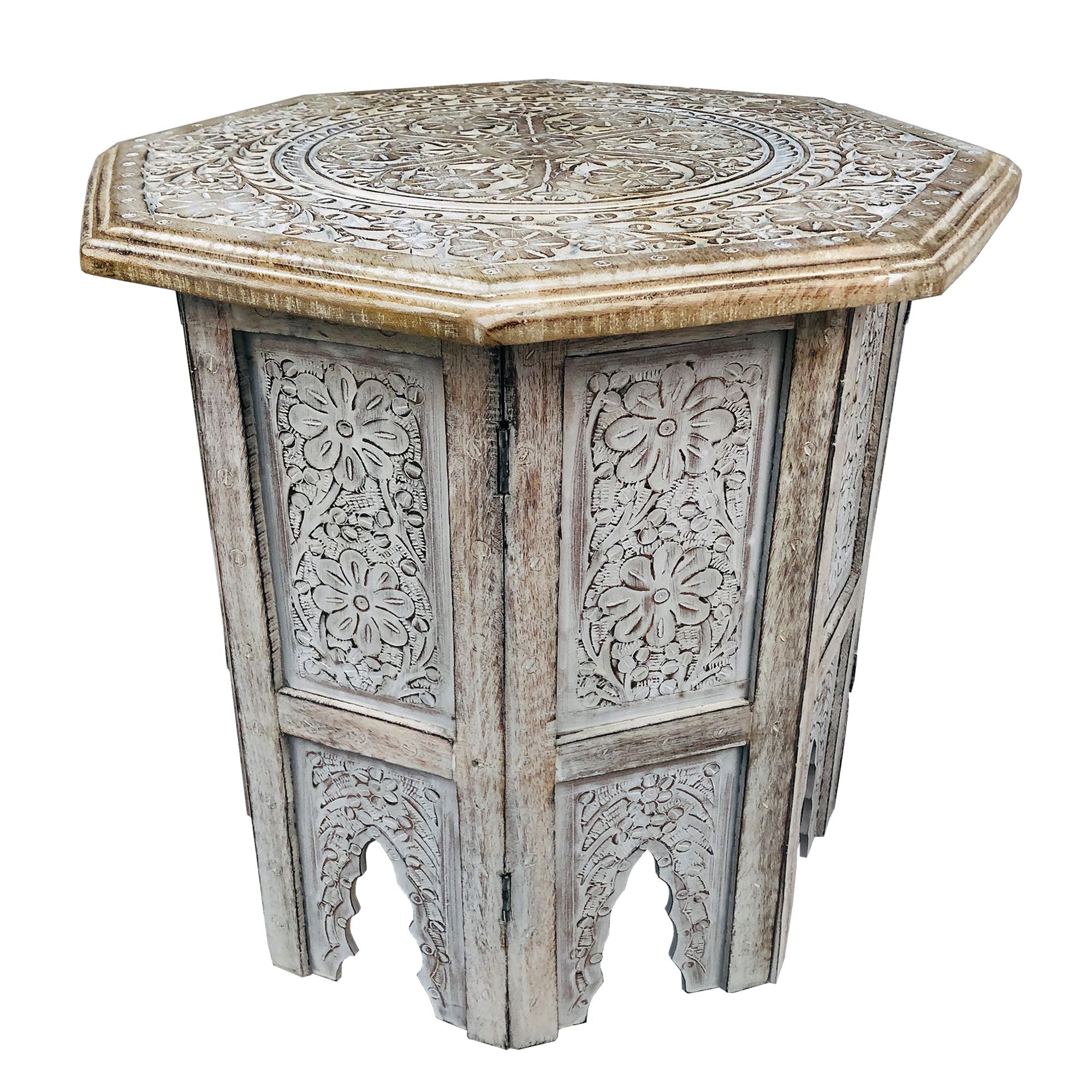 DunaWest Farmhouse Wooden Side Table with Engraved Design and Octagonal Top, Antique Brown(D0102HPDW8G.)